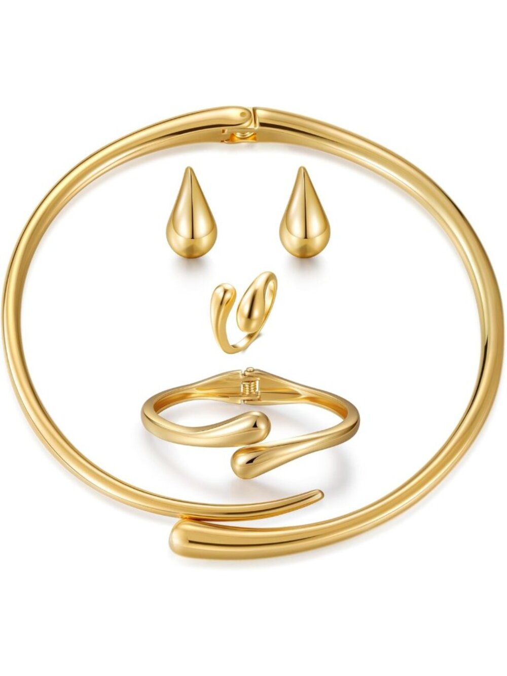 Chunky Gold Jewelry Set for Women - 14K Plated Cuff Necklace, Teardrop Earrings